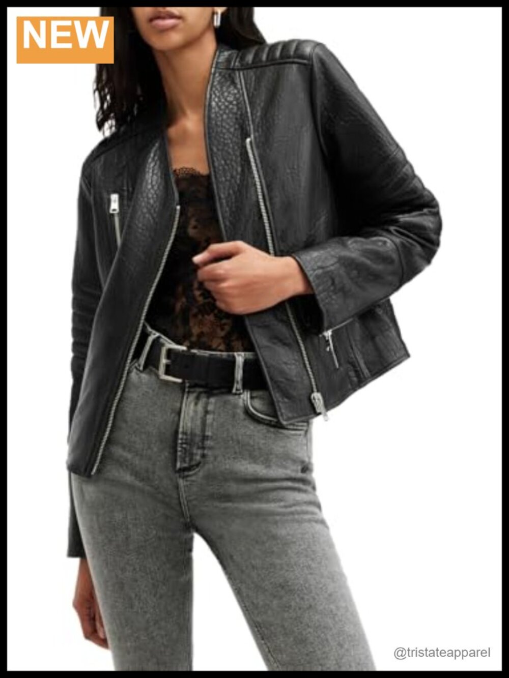 100% Sheepleather Cropped Biker Jacket Asymmetric Zip Long Sleeve Women Coat